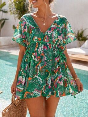 New In Tropical Print Tunic Swim Cover-Up –Colorful Adjustable Size Medium NWT